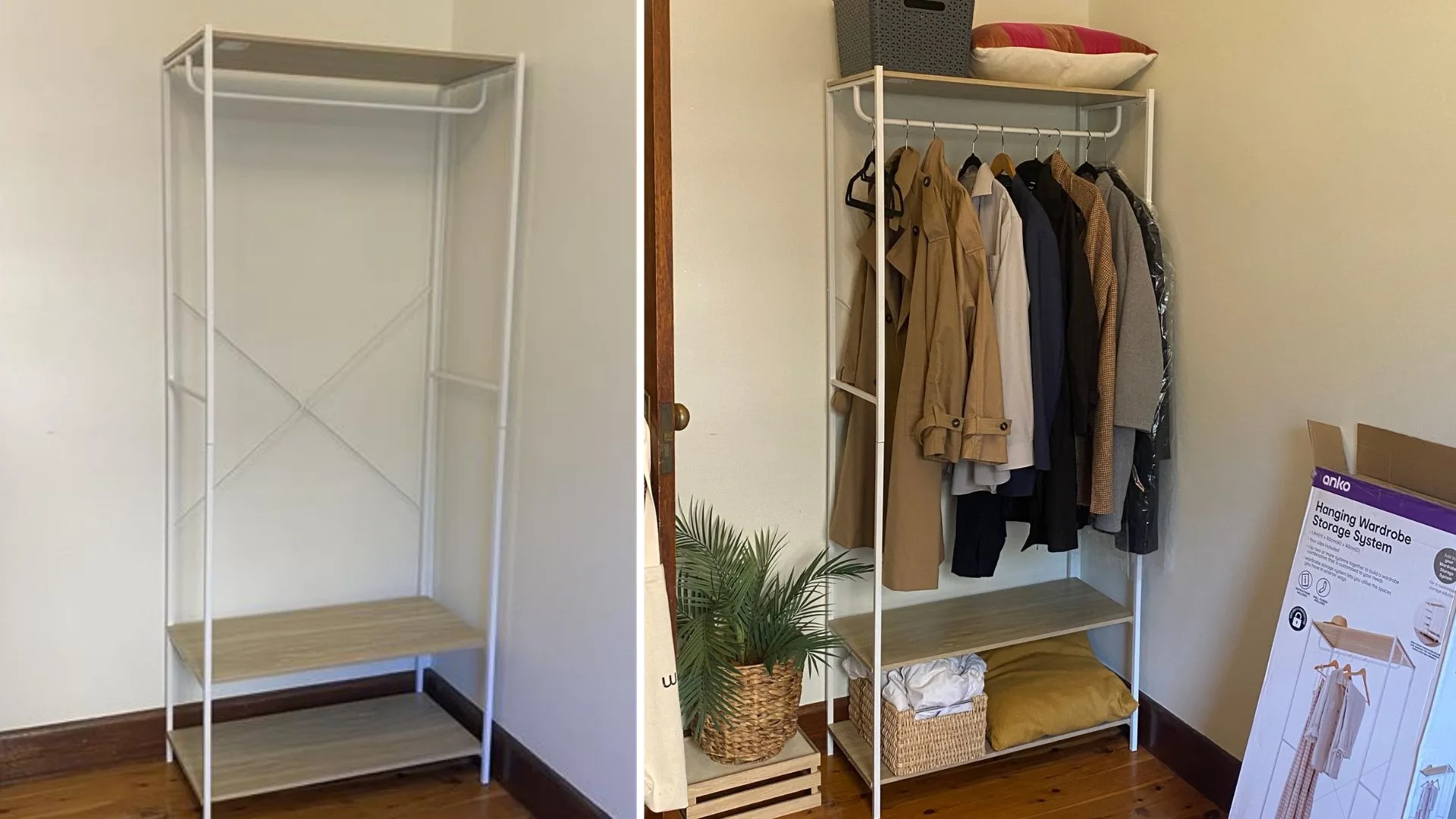 Sarah's hanging wardrobe system in her apartment.