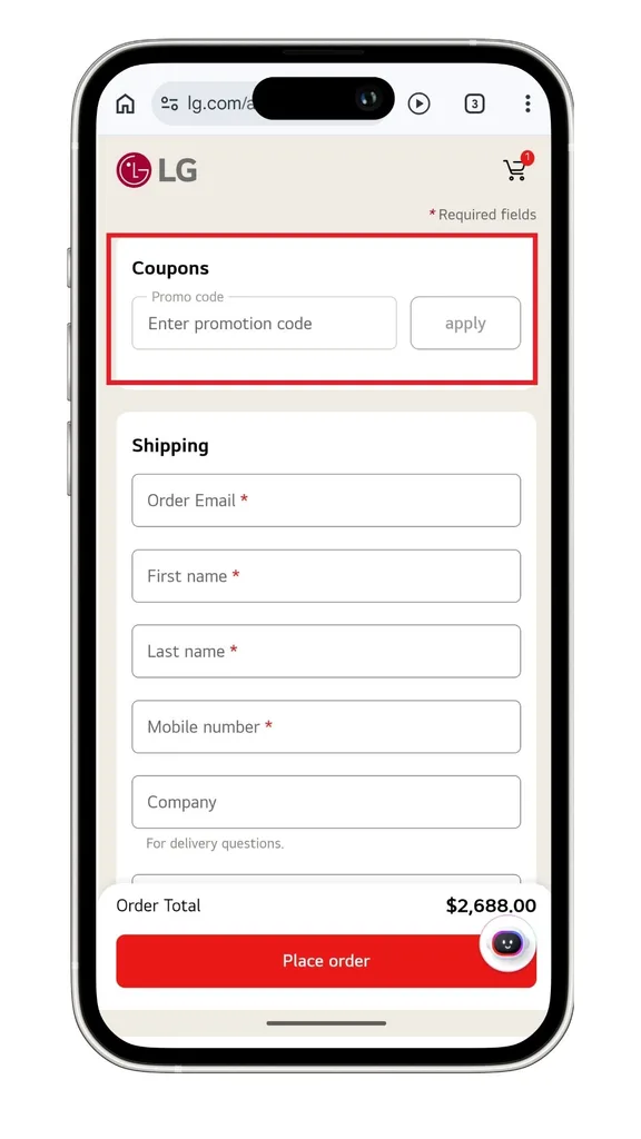 The LG discount code field at checkout