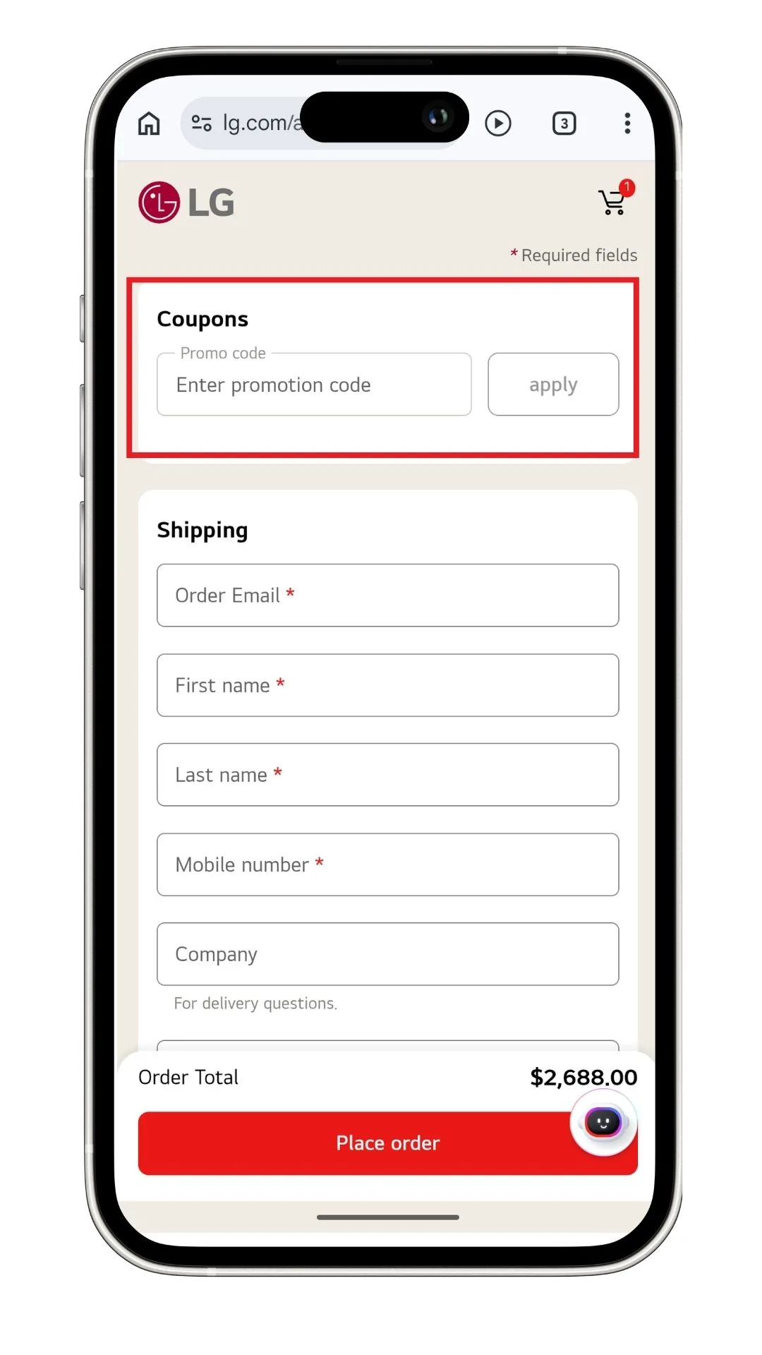 The LG discount code field at checkout