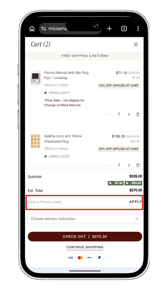 The Miss Amara discount code field at the checkout on mobile.