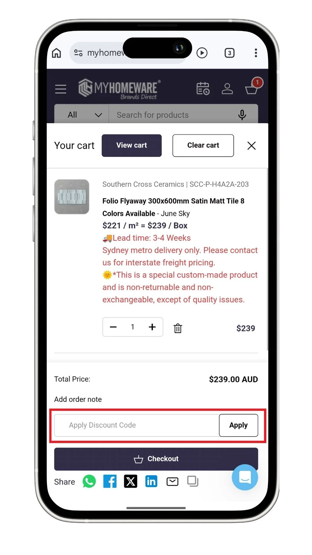 The My Homeware discount code field is at the checkout, viewed here on mobile when the Deals Team was testing codes and deals.