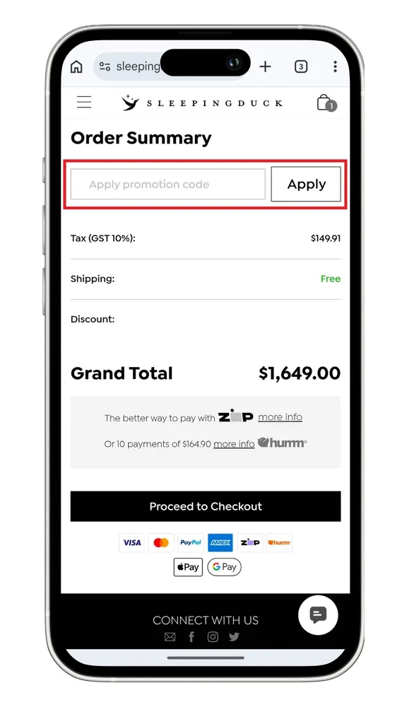 The Sleeping Duck discount code field on a mobile device when viewing a cart before going to the checkout.