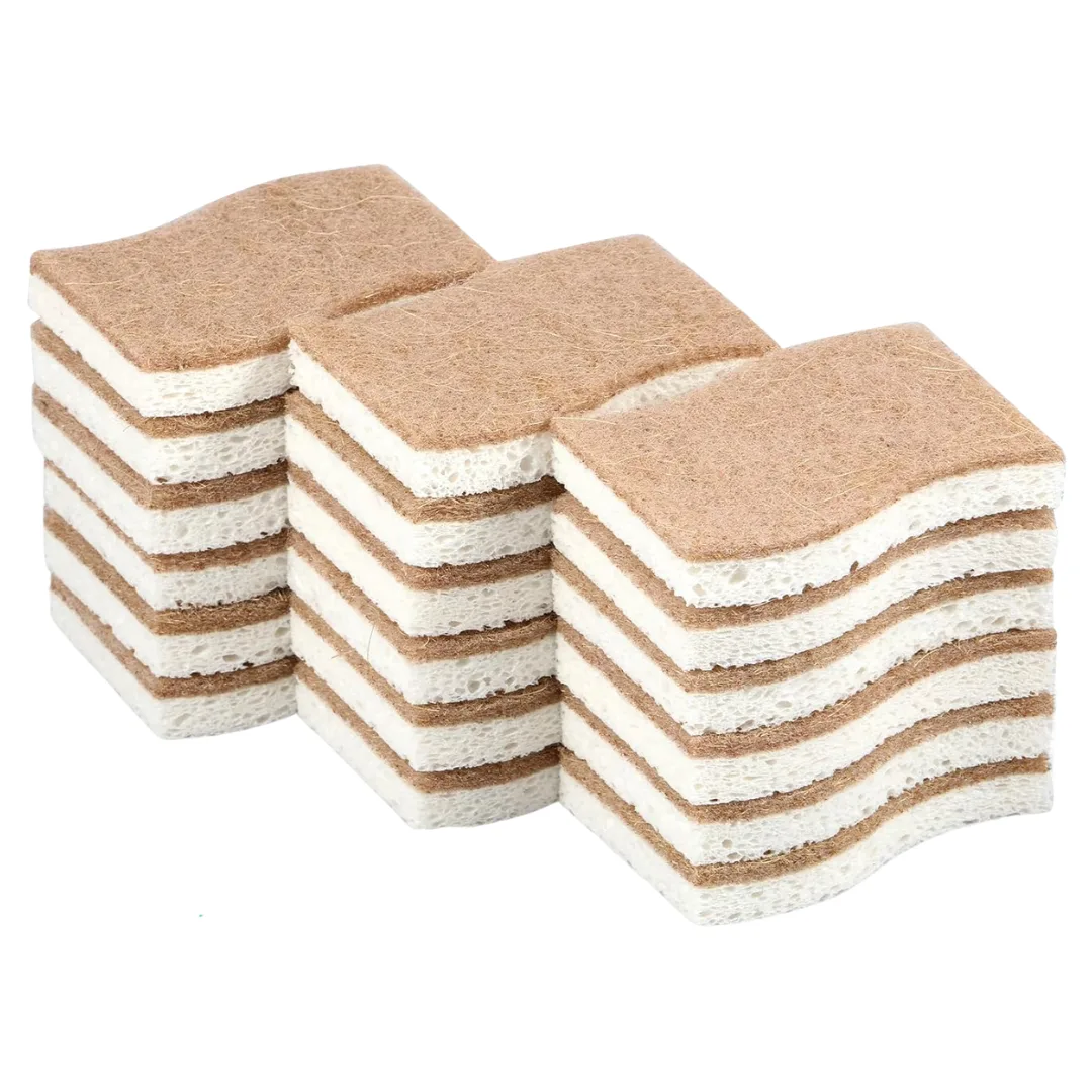 A stack of 18 natural kitchen sponges with a brown scrubbing side made from wood pulp