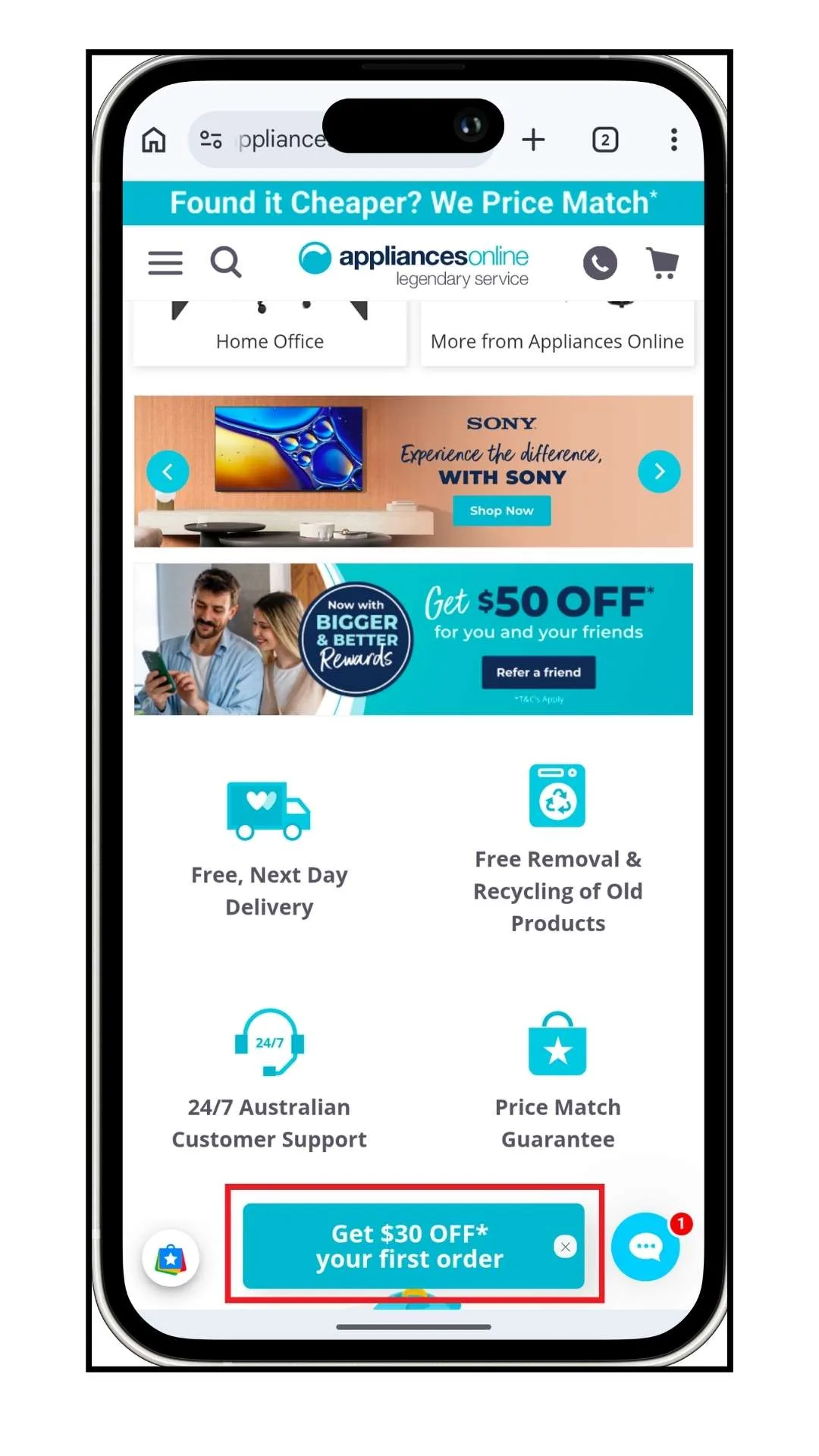 The Appliances Online offer for $30 off your first order can be accessed by clicking the highlighed text stating 'Get $30 off your first order*', viewed here on a mobile.