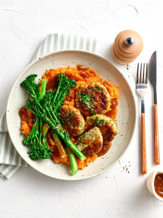 Chicken rissoles with sweet potato mash for one