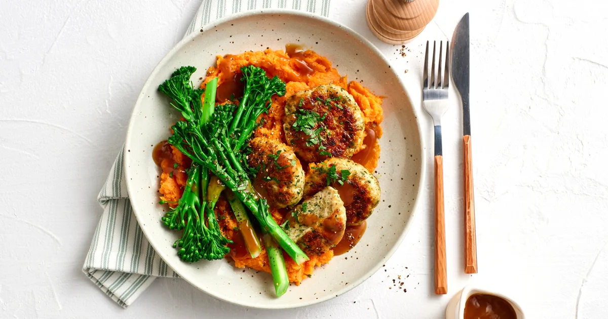 This cozy chicken rissoles & sweet potato mash recipe is perfect for one