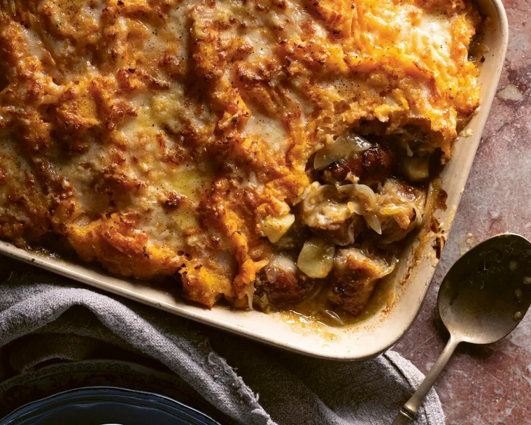 Pork sausage apple cider and potato pie by Jimmy Barnes and Jane Barnes