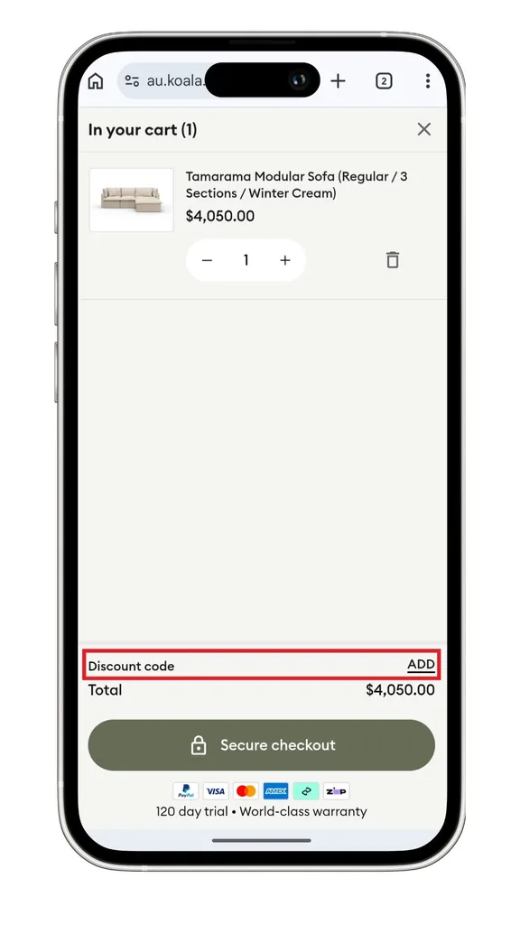 Koala discount code: to add it in your cart you click 'Add' as highlighted in this mobile screenshot of my cart summary.