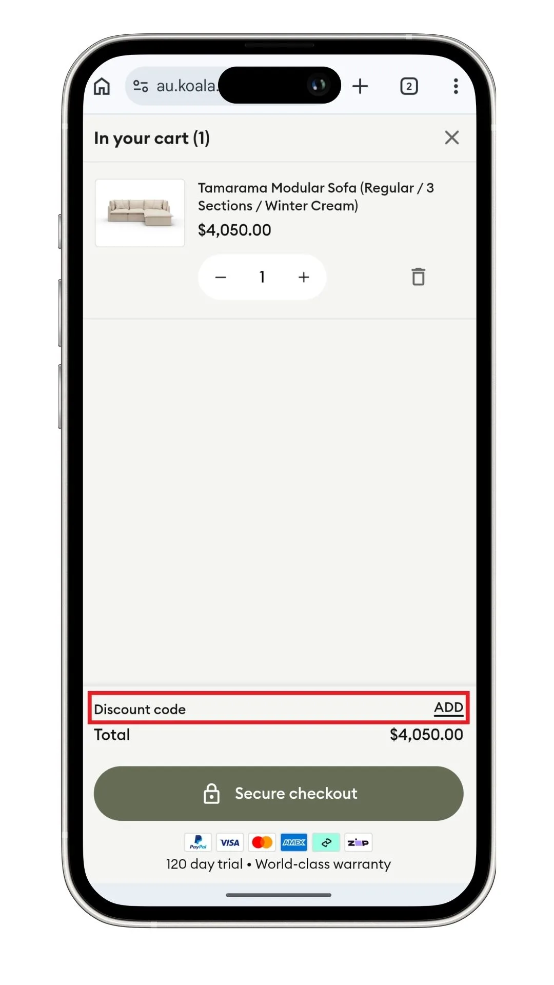 Koala discount code: to add it in your cart you click 'Add' as highlighted in this mobile screenshot of my cart summary.