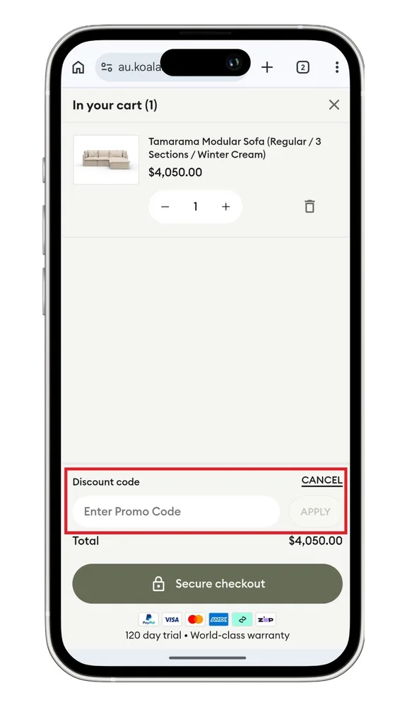 Koala discount code: the field to add a discount code at cart on mobile after clicking 'Add' to expand it.