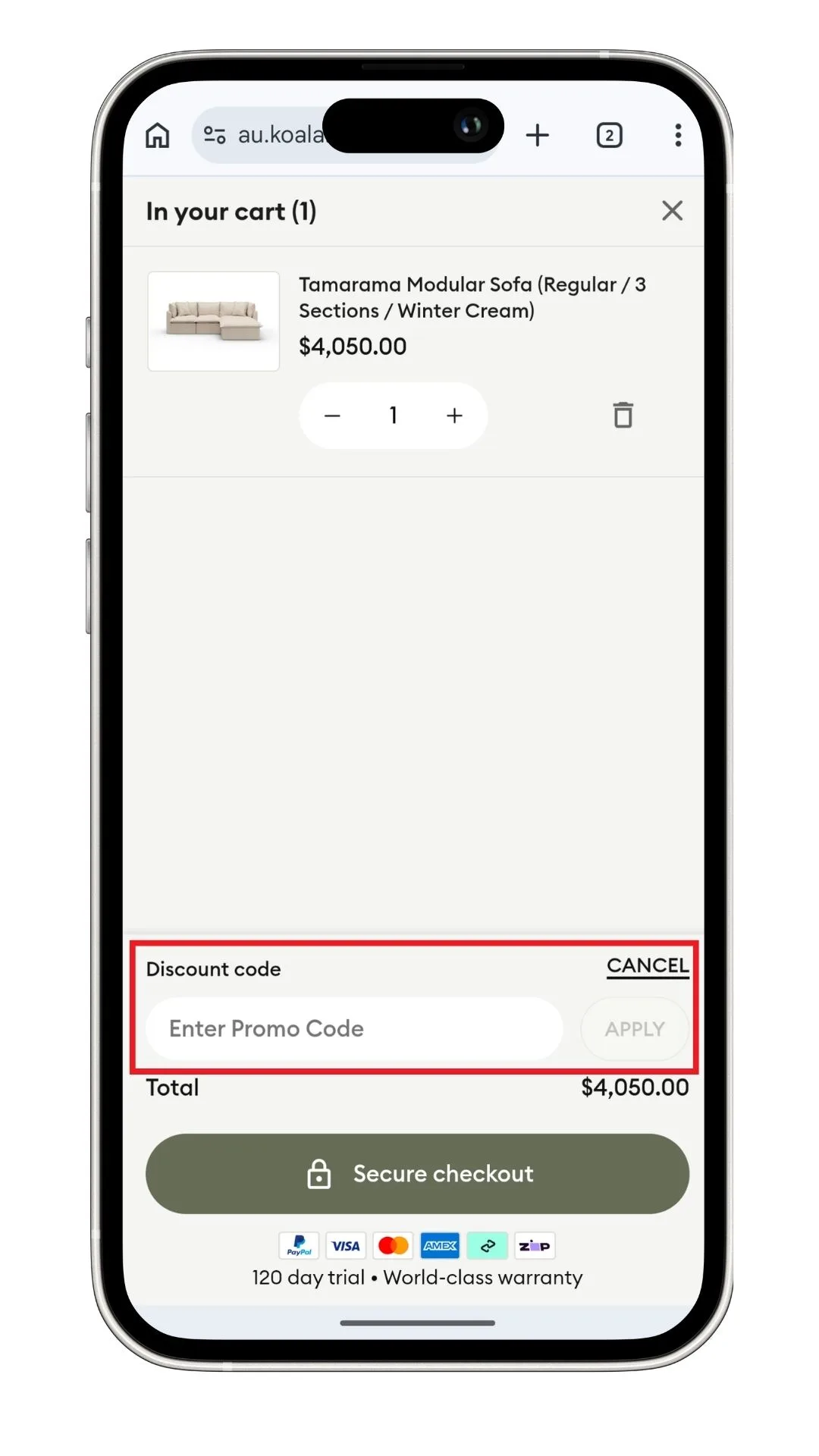 Koala discount code: the field to add a discount code at cart on mobile after clicking 'Add' to expand it.