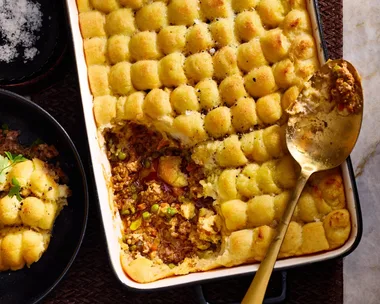 matt morans shepherd's pie with piped mashed potato on top and spoon of filling exposed