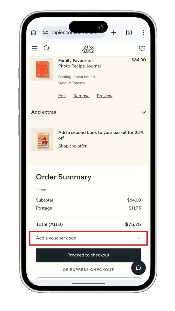 Papier discount code: A screenshot of the checkout highlighting where to click to reveal the discount code field.