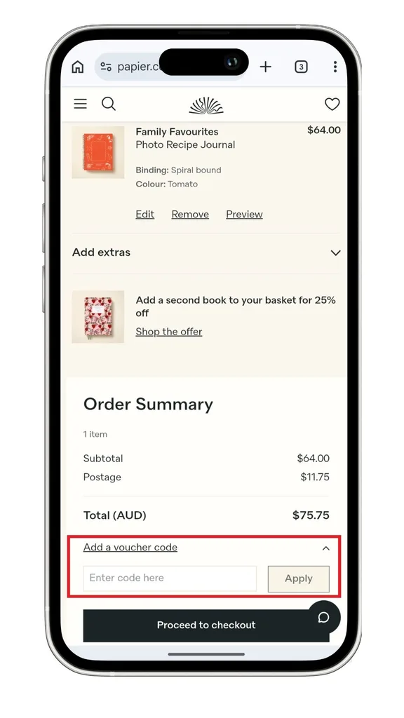 Papier discount code: A screenshot of the checkout with the discount code visible on a mobile device.