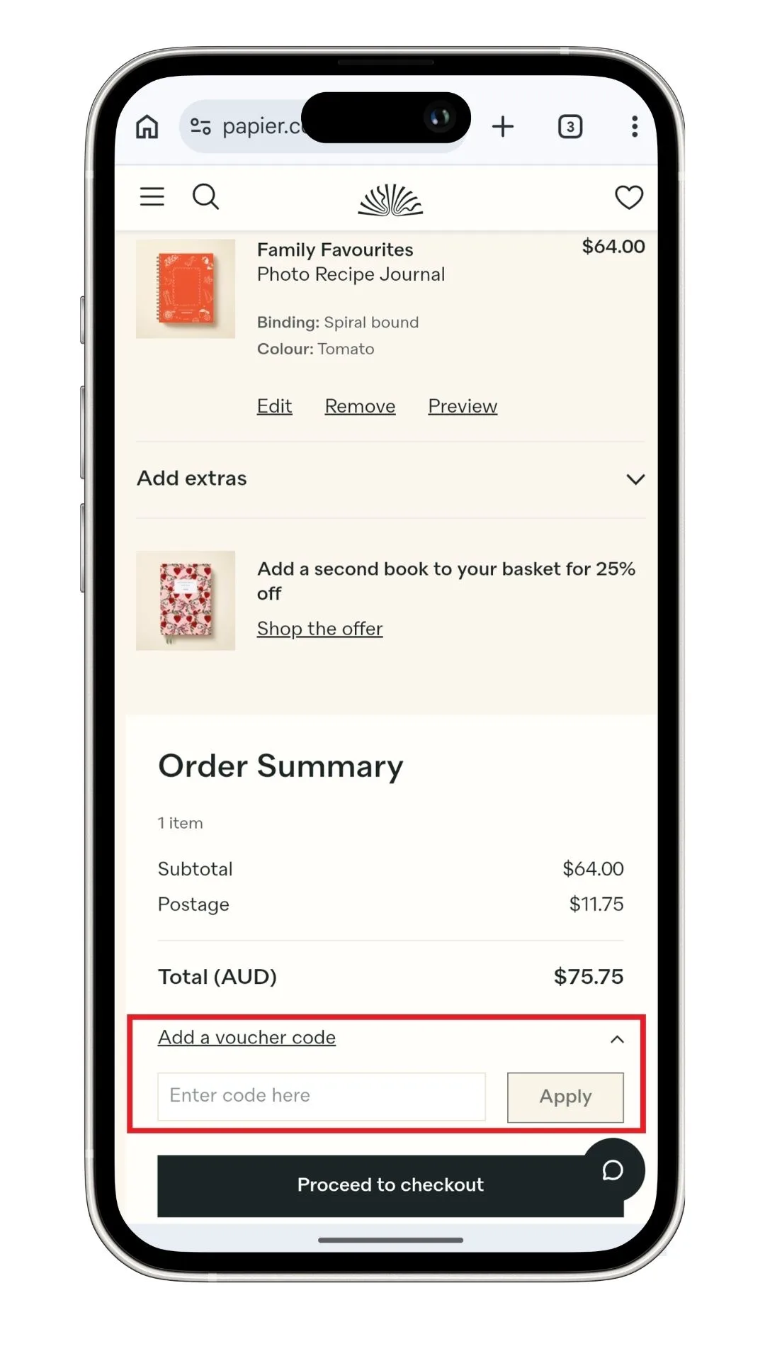 Papier discount code: A screenshot of the checkout with the discount code visible on a mobile device.
