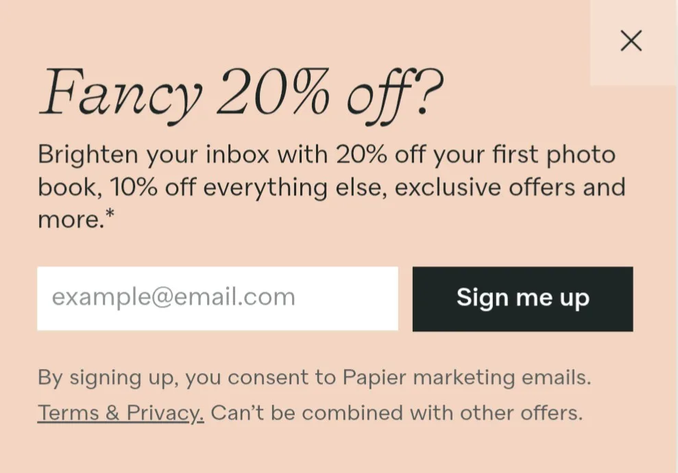 Papier discount code: the first order discount offer for new mailing list subscribers.