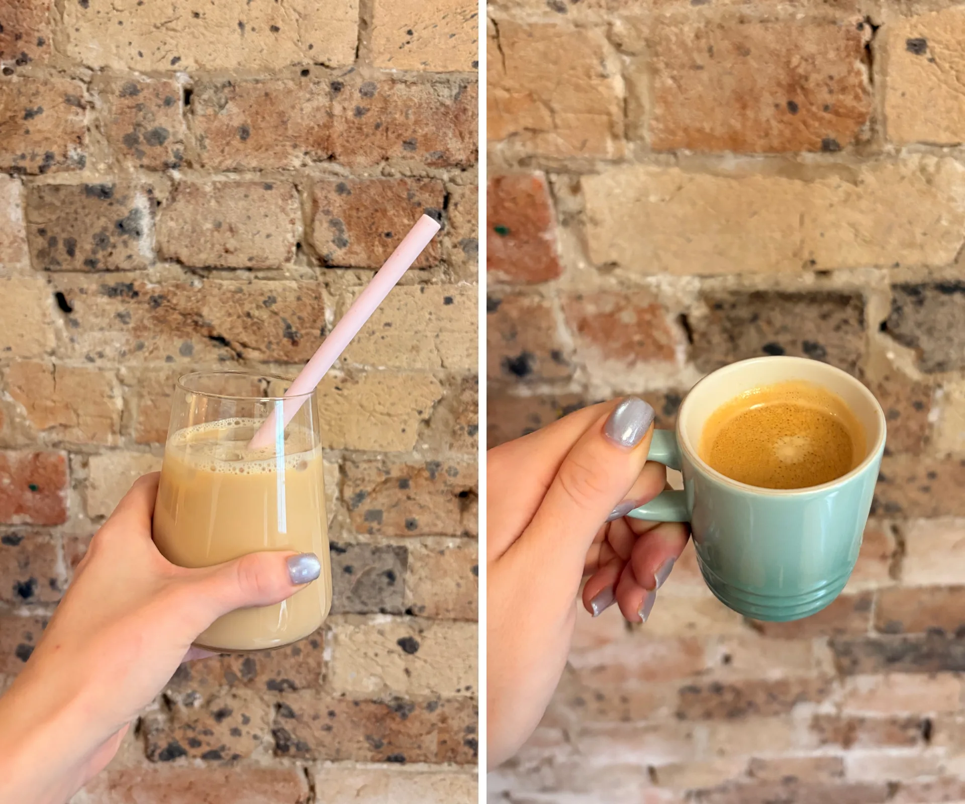 On the left, an iced latte with a pink straw, being held against a brick wall, on the left, a le creuset espresso cup with a double shot of espresso with crema on top