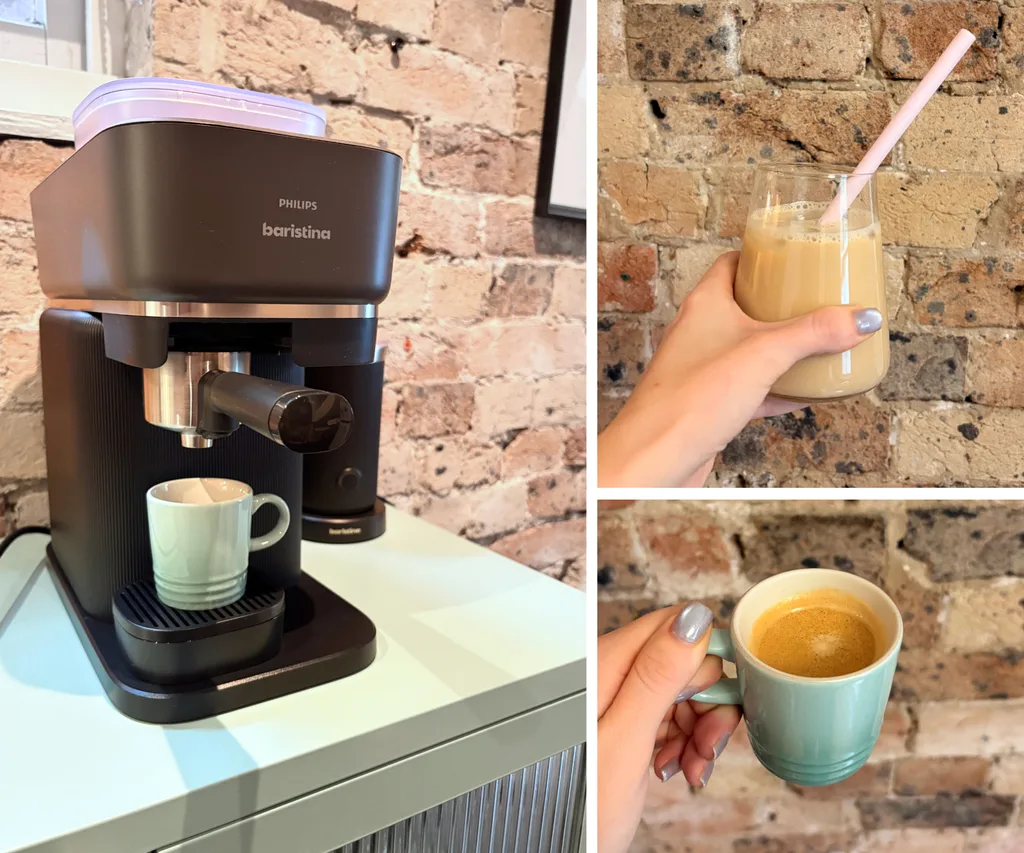 Image of the Black Philips Baristina Coffee Machine on Paris' cabinet, with two images of an iced latte and espresso with crema that she made on the machine