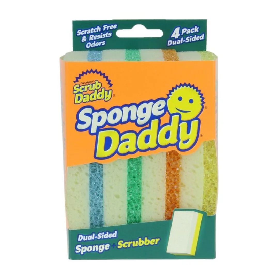 A packet of four Sponge Daddy kitchen sponges, from parent brand Scrub Daddy, in blue, green, orange, and yellow