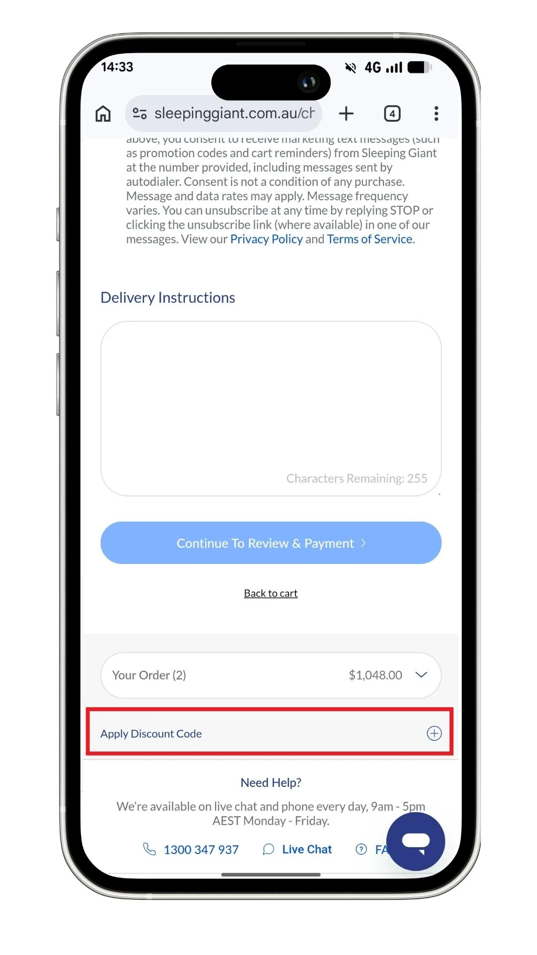 A screenshot showing the Sleeping Giant 'Apply discount code' text at the checkout on mobile.