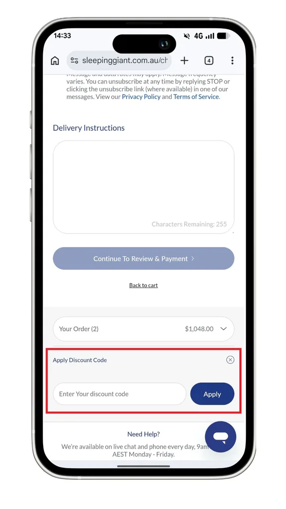 A screenshot showing the Sleeping Giant discount code field at checkout.