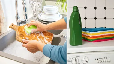 An image of a woman washing her wooden chopping board next to an image of colourful towels folded upon a washing machine