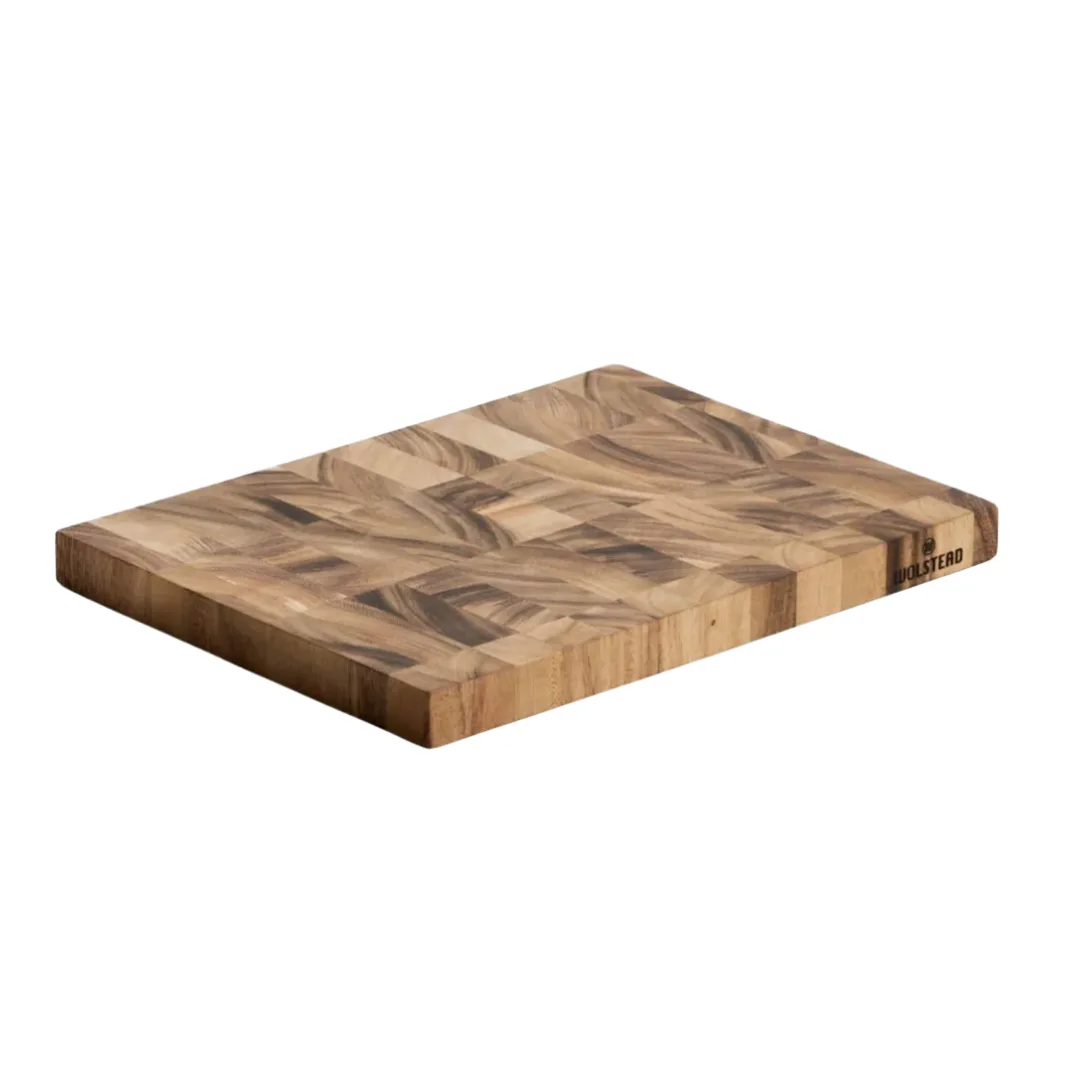 A chopping board with a blocky, marbled finish, crafted from acacia wood