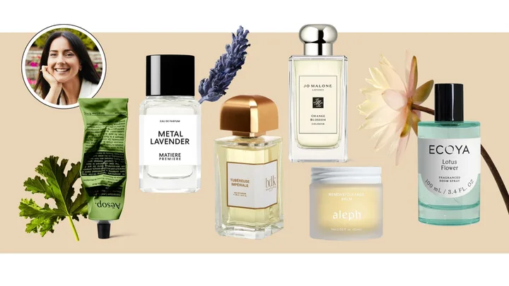 Deep etched products on a cream background of spring floral fragrances
