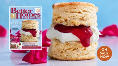 The September issue of Better Homes and Gardens, with a fluffy scone with cream and rose petal jam.