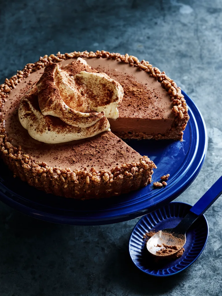 milo cheesecake with extra milo on top and chocolate crackle base