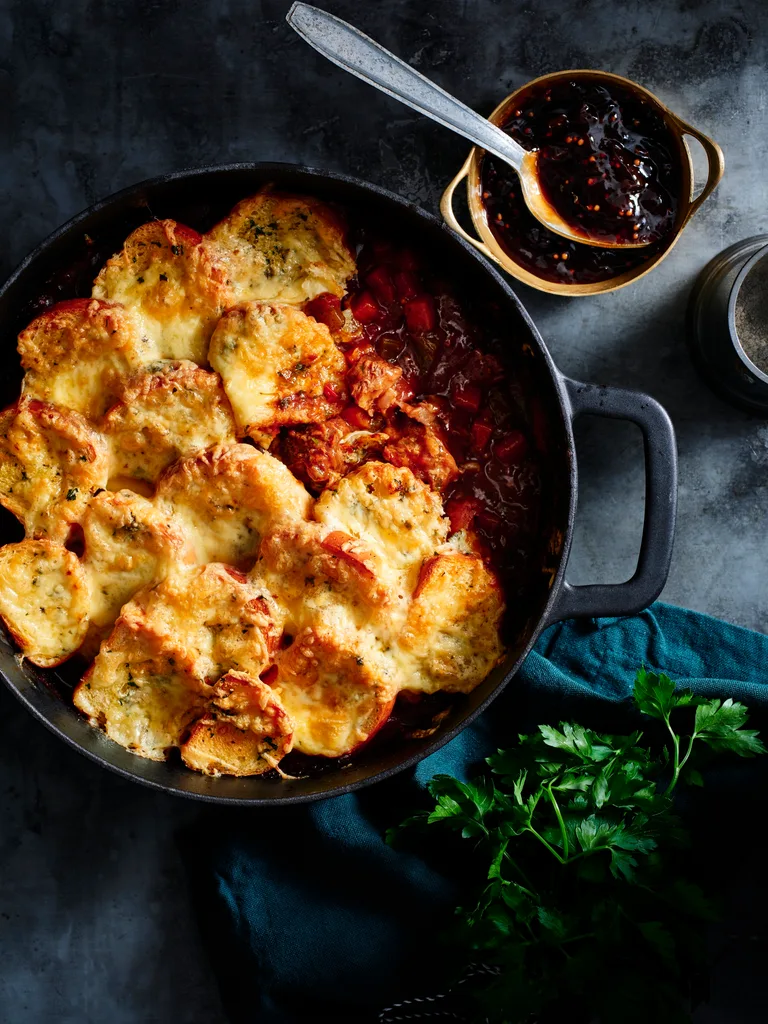 Chuck steak casserole with cheesy garlic bread topping