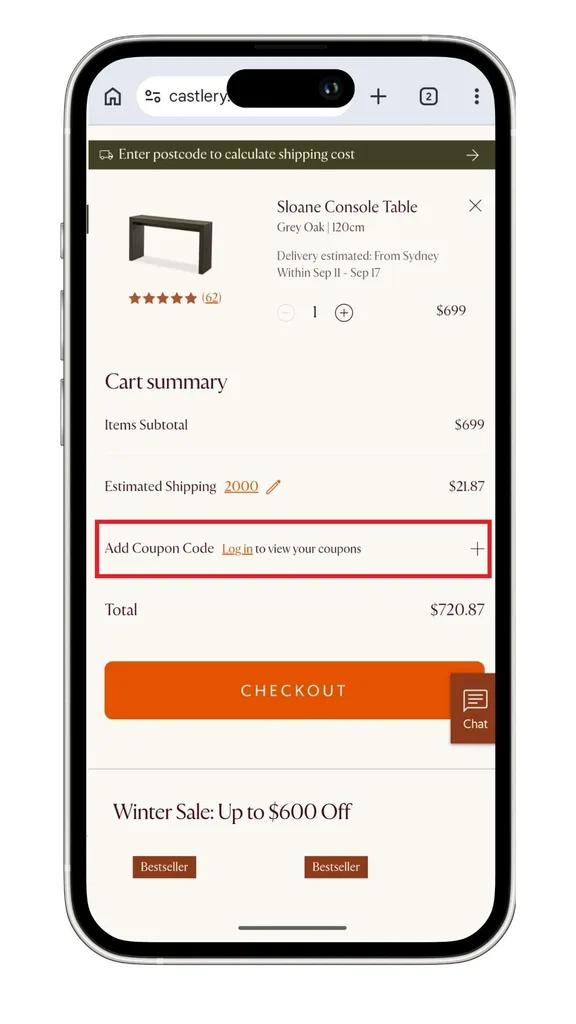 Castlery discount code guide: A screenshot of the Castlery checkout highlighting where it says 'Add Coupon Code'.
