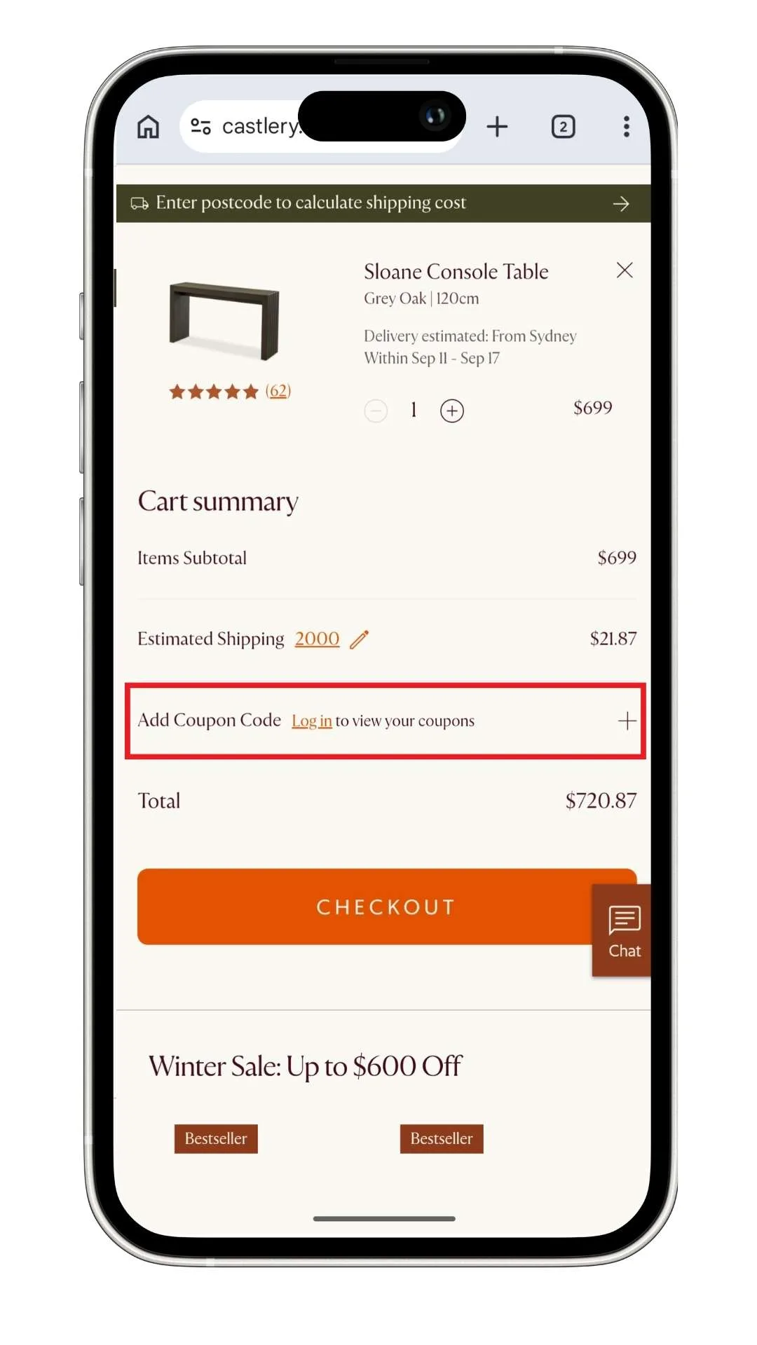 Castlery discount code guide: A screenshot of the Castlery checkout highlighting where it says 'Add Coupon Code'.