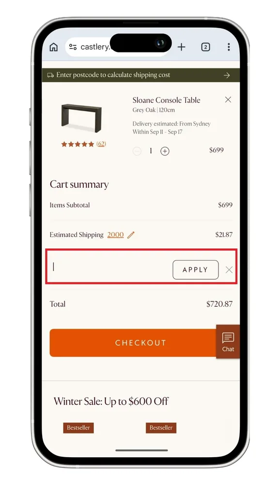 The Castlery discount code field at checkout, which is revealed after clicking 'Add Coupon Code'.