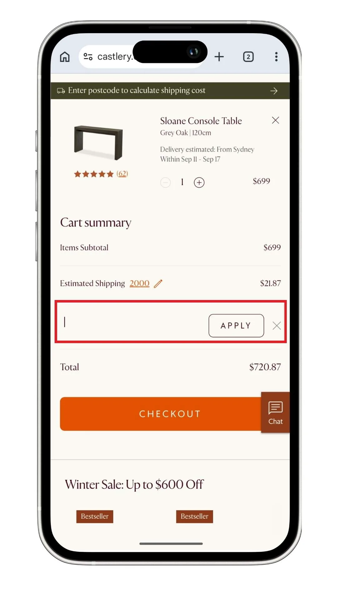 The Castlery discount code field at checkout, which is revealed after clicking 'Add Coupon Code'.