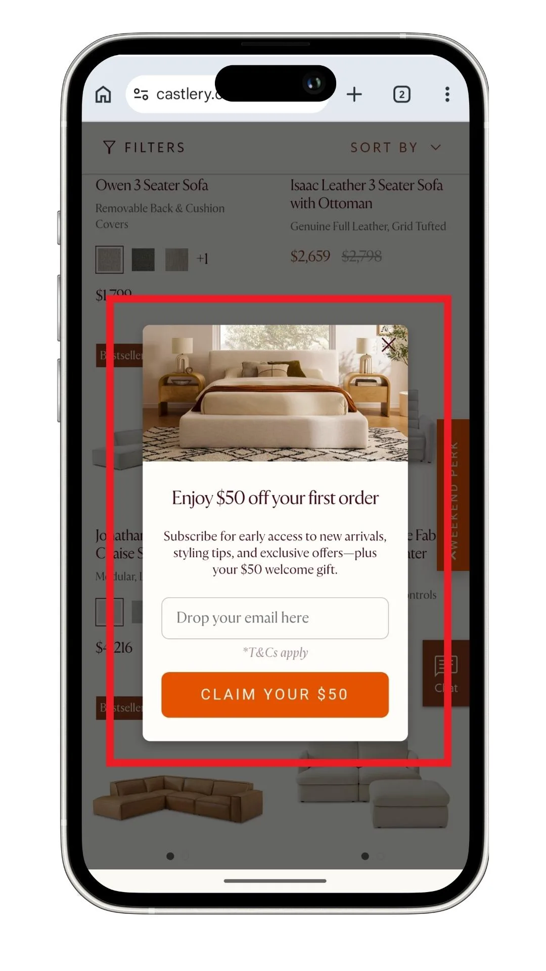 Castlery discount code guide: a screenshot I took of the first order discount offer for new subscribers to the newsletter.