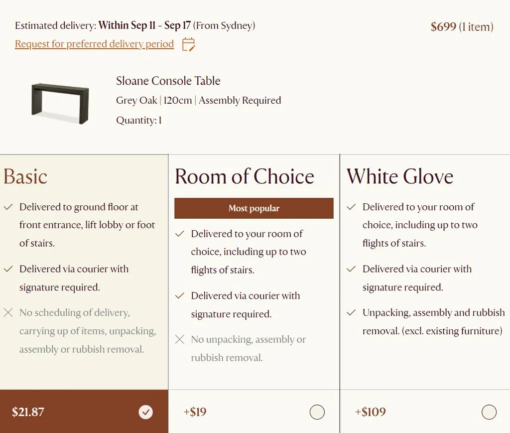 Castlery discount code guide: A screenshot of shipping options and costs for a delivery to Sydney.