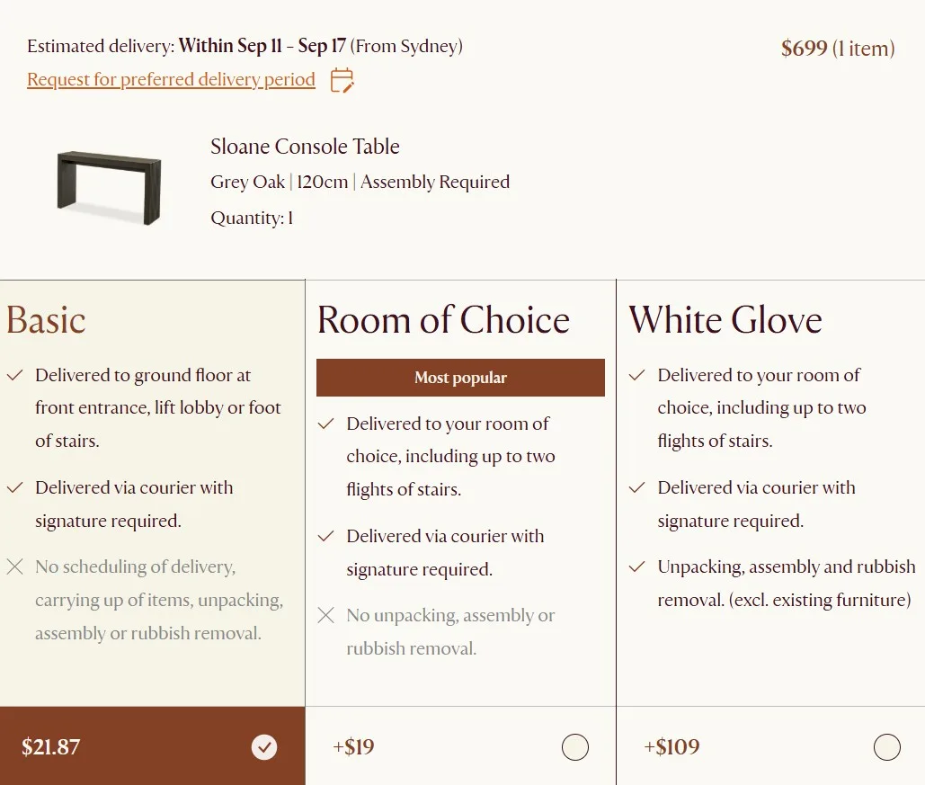 Castlery discount code guide: A screenshot of shipping options and costs for a delivery to Sydney.