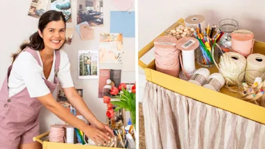 Geneva Vanderzeil with a craft storage trolley and close up of craft storage trolley inset