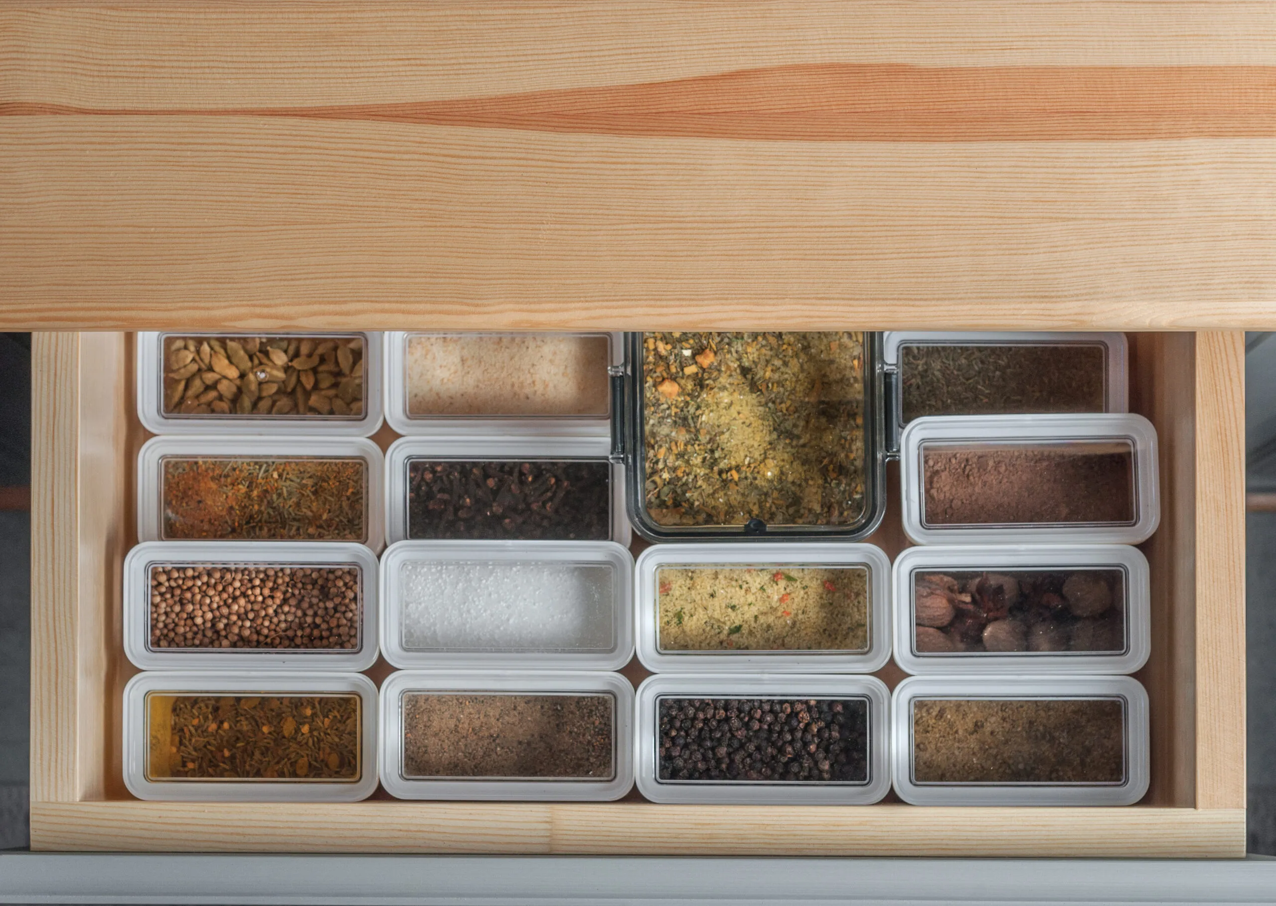 spices organised in a kitchen draw