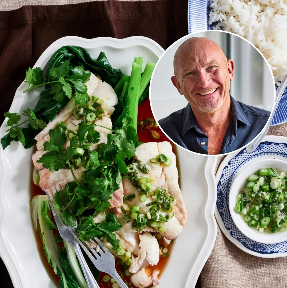 Chef Matt Moran's (portrait inset) steamed snapper recipe with green onion and ginger dressing
