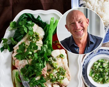 Chef Matt Moran's (portrait inset) steamed snapper recipe with green onion and ginger dressing