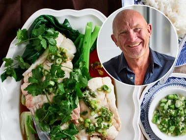 Chef Matt Moran's (portrait inset) steamed snapper recipe with green onion and ginger dressing