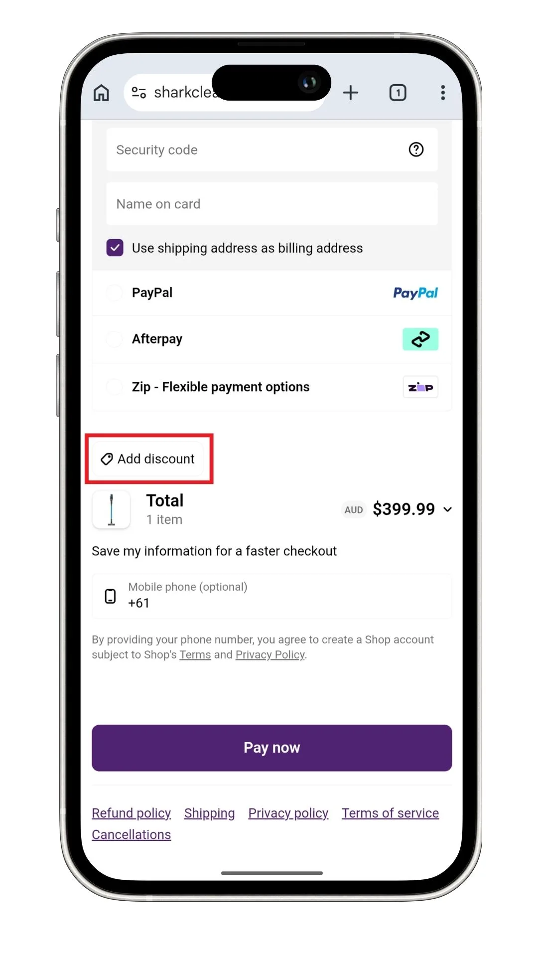 The Shark discount code field at checkout on mobile can also be accessed by clicking on 'Add discount' before the payment button.
