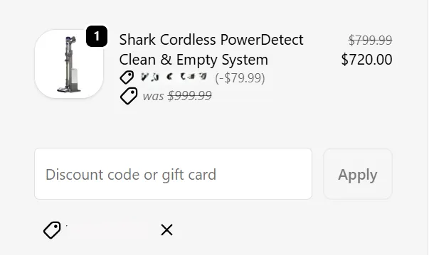 Shark discount code example: A screenshot of the Shark Cordless PowerDetect Clean & Empty System with a reduced price that was further discounted with a code.