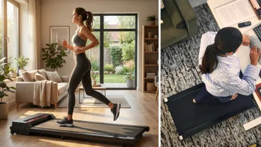Spliced image with one woman running on a walking pad in gym clothes, while another walks on an underdesk treadmill while working at her home office.