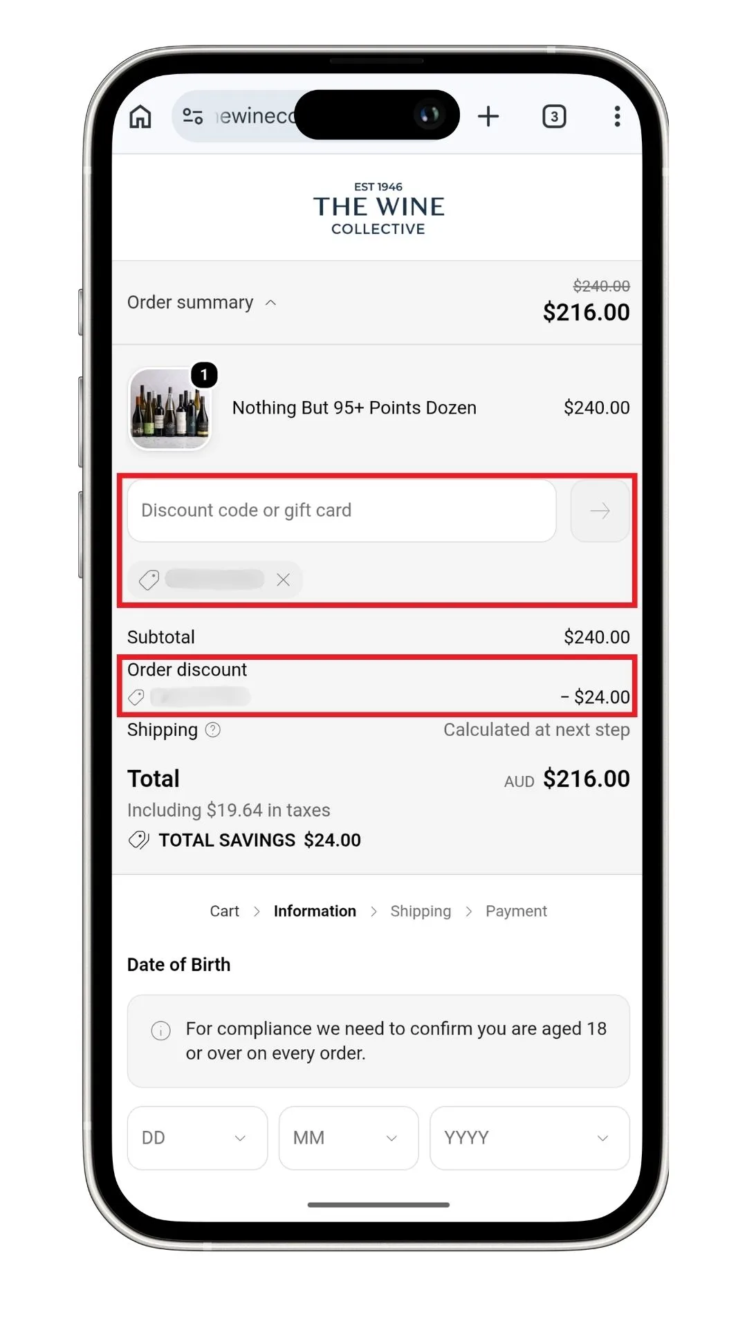 An applied The Wine Collective discount code at the checkout on mobile.