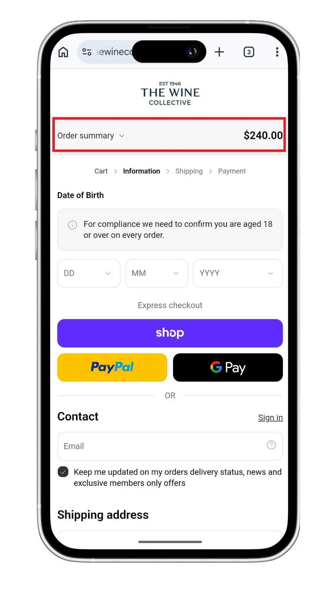 Add The Wine Collective discount code on mobile by clicking to expand the order summary.