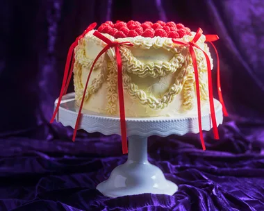 white cake with rasberrys on top and red ribbons on a white cake stand with a purple velvet backdrop