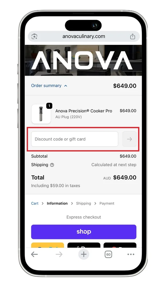An Anova coupon code can be added at the checkout, as shown here on mobile.